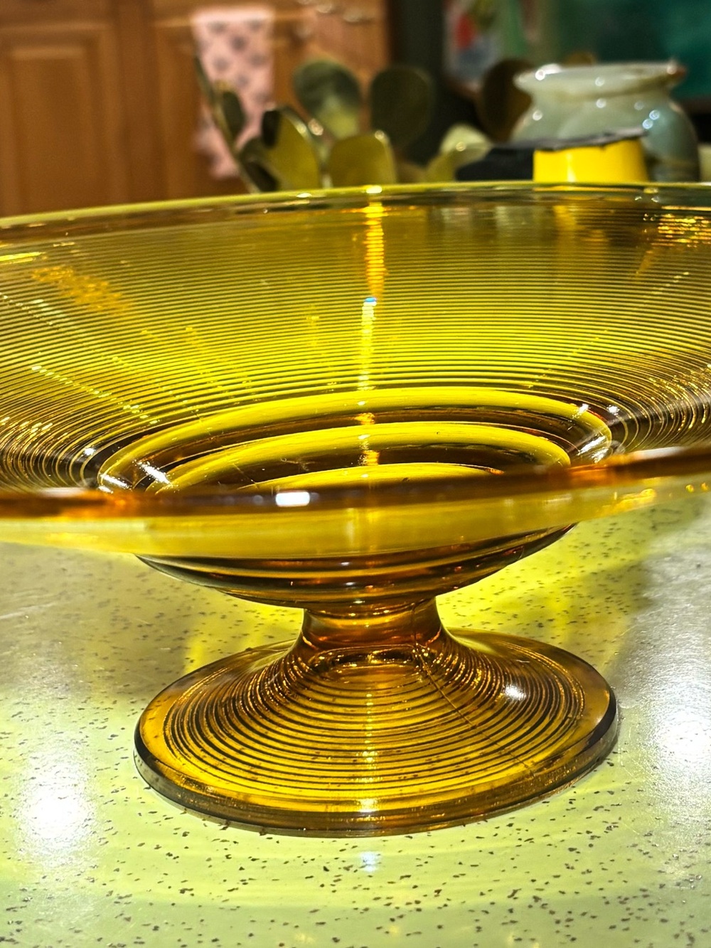 VINTAGE GOLDEN-AMBER GLASS PEDESTAL COMPOTE BOWL MCM